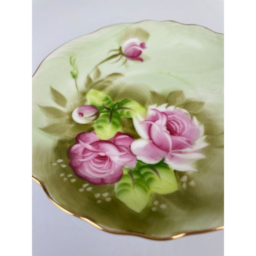 Lefton China Hand Painted Green & Pink Rose Teacup & Saucer Set, Gold Vintage - Picture 7 of 16